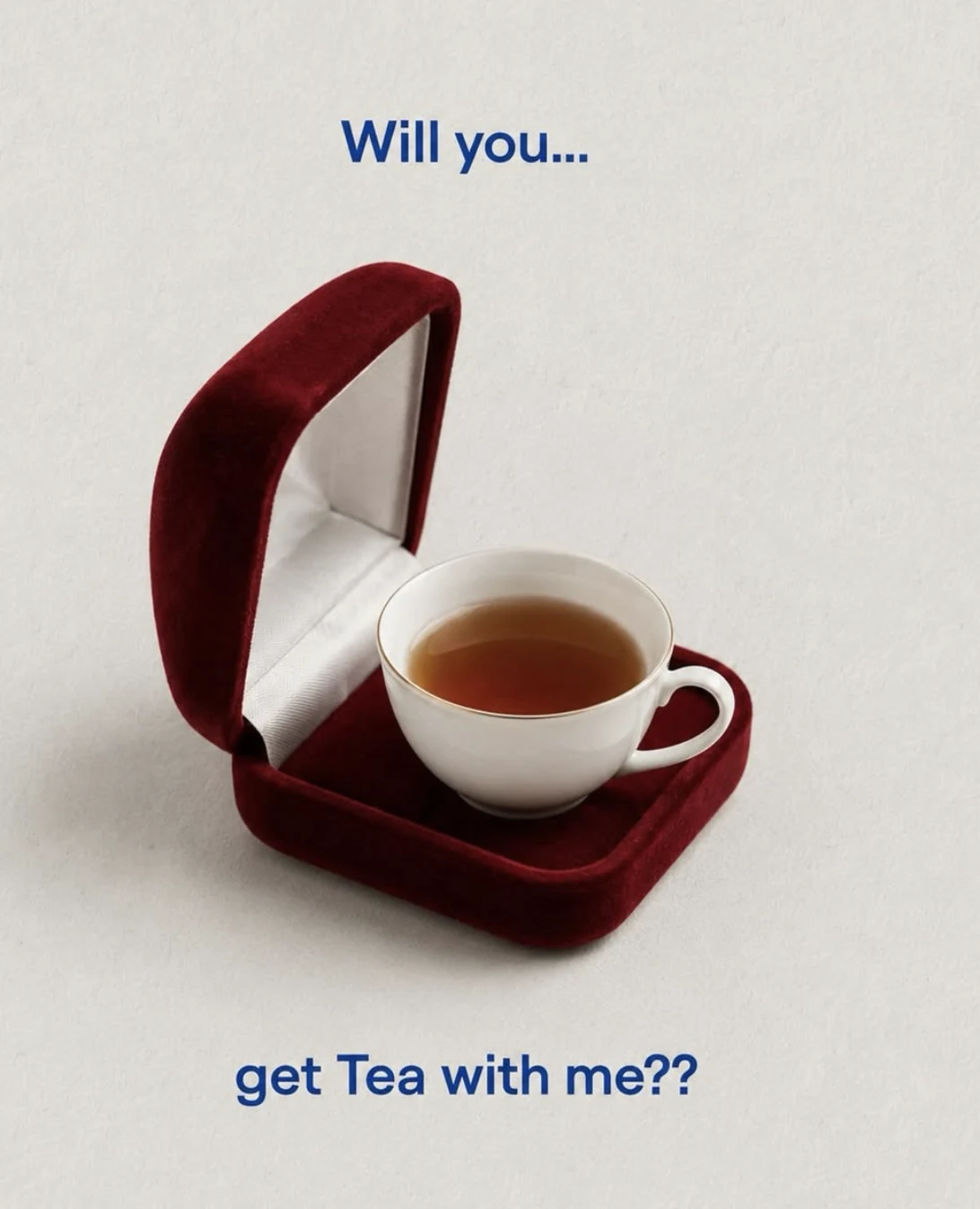Una taza de té dentro de un estuche rojo con la pregunta «Will you… get Tea with me?»