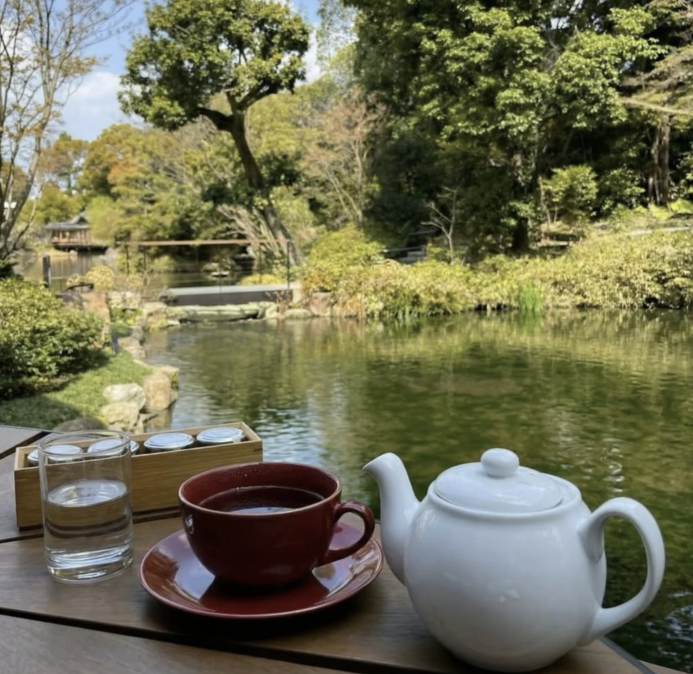 Taza de té y tetera blanca frente a un jardín junto al agua