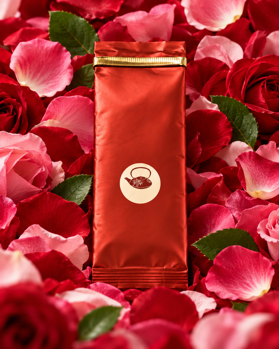 Empaque rojo de Pétalos de Rosa rodeado de pétalos de rosa